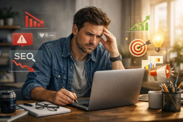 online business mistakes beginners working on laptop with analytics and marketing challenges