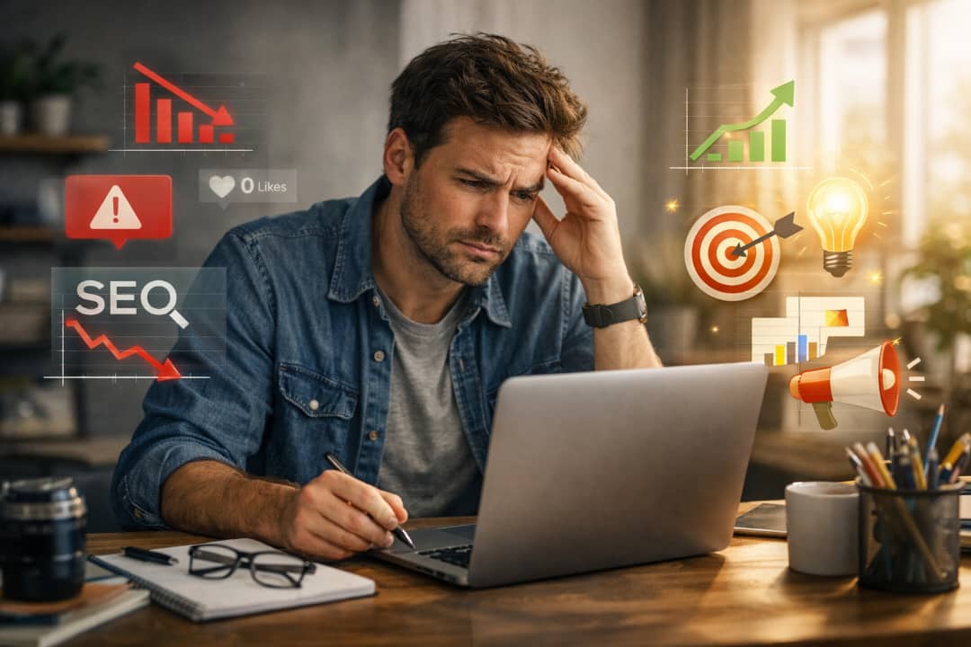 online business mistakes beginners working on laptop with analytics and marketing challenges
