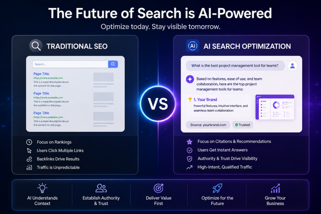 Traditional SEO vs AI Search Optimization comparison showing how businesses can improve visibility in AI-powered search engines.