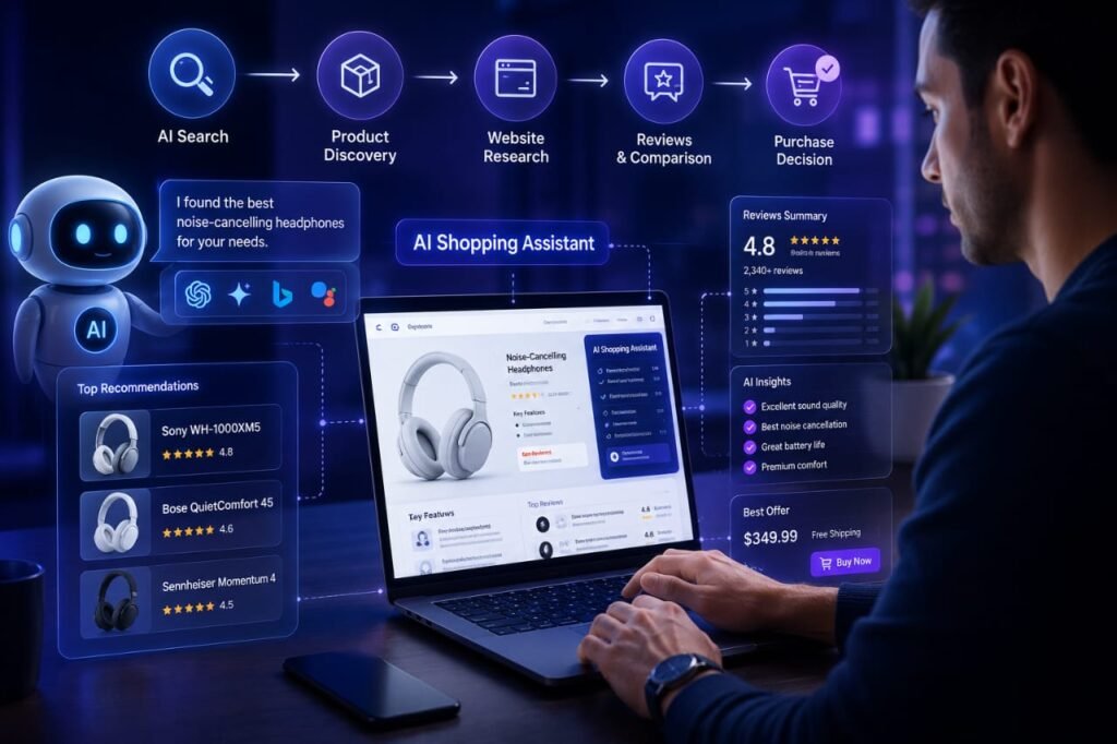 AI-powered customer journey in 2026 showing how users discover products through AI search assistants before making purchase decisions.
