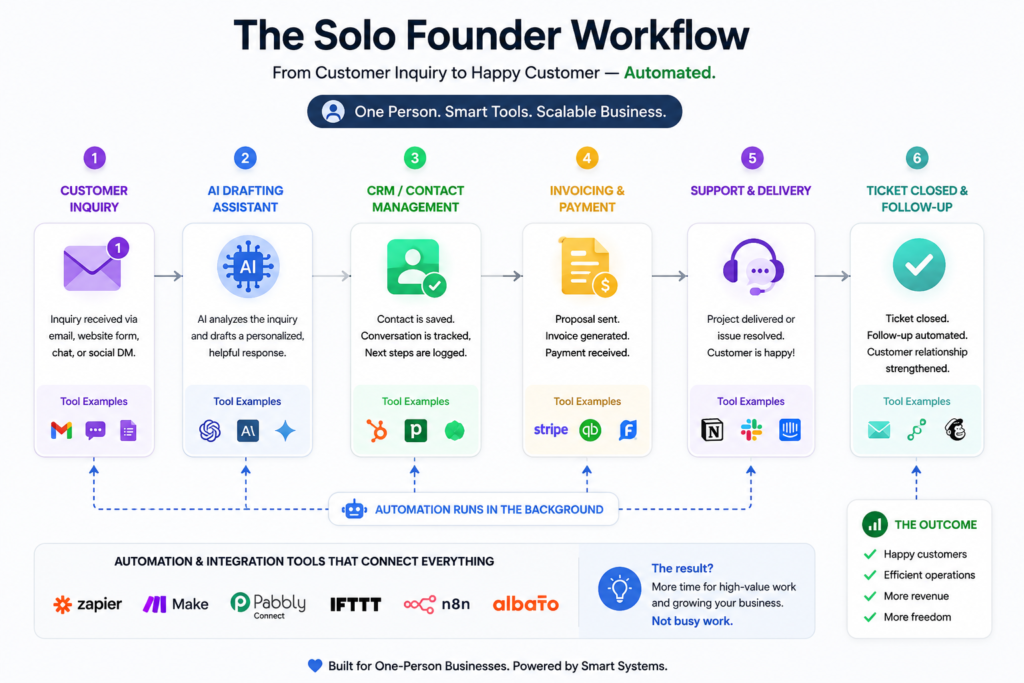 solo founder automated workflow diagram.