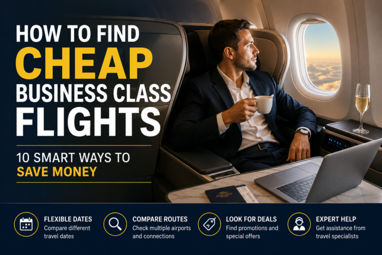 Business traveler relaxing in a premium cabin while learning how to find cheap business class flights
